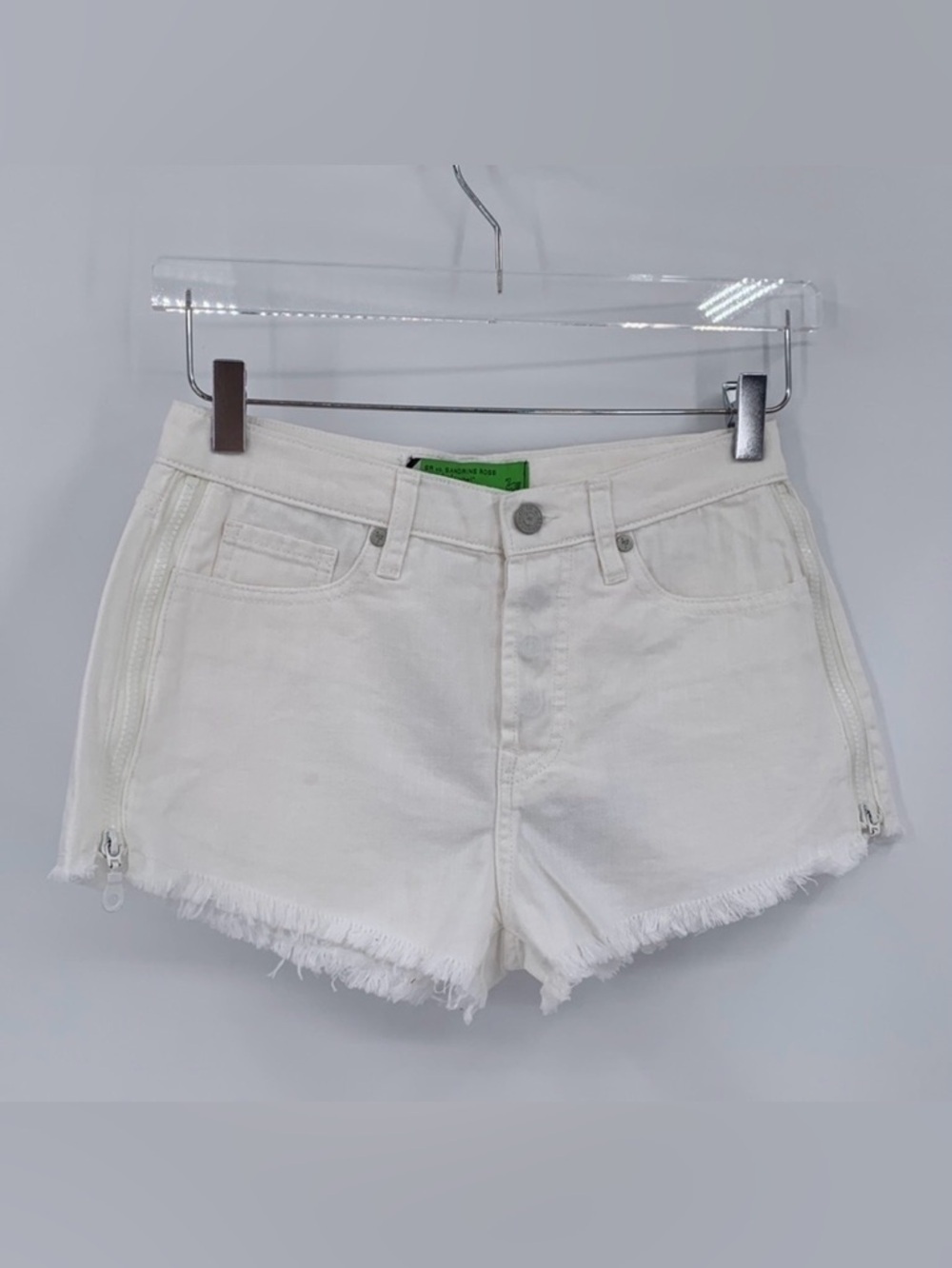 Sandrine Rose cut-off white denim jean shorts side zipper raw frayed hem new 24